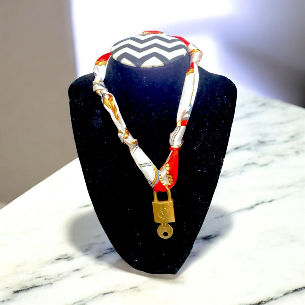 Red and White Scarf Necklace with LV Lock & Key